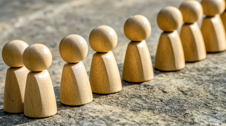 A series of wooden figures are neatly arranged in a line on a textured stone surface showcasing simple design and craftsmanship.の素材