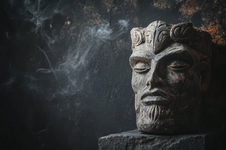 A stone sculpture with an ancient design sits on a pedestal. Wisps of smoke swirl in the background creating an atmospheric effect.の素材