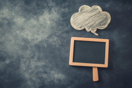 A small wooden chalkboard sign sits on a dark textured surface accompanied by a speech bubble outlined above it creating a playful atmosphere.の素材