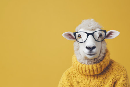 A sheep is dressed in a cozy yellow sweater and stylish glasses while posing against a bright yellow background displaying a playful character.の素材
