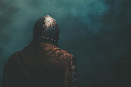 A knight wearing rustic armor stands alone shrouded in mist reflecting on a scene filled with mystery and valor during sunset.の素材