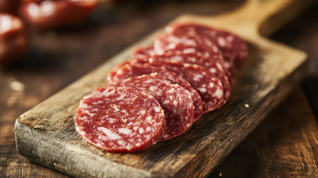 Cured meat slices are arranged neatly on a wooden cutting board in a cozy kitchen setting showcasing their rich red color and texture.の素材