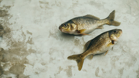 Two fish are displayed on a textured surface showcasing their scales and fins.の素材