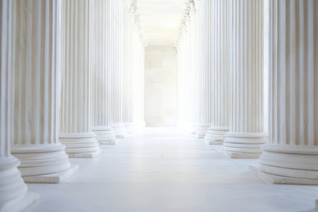 A bright corridor showcasing tall white columns leads to a luminous end evoking a sense of classic architecture and tranquility.の素材