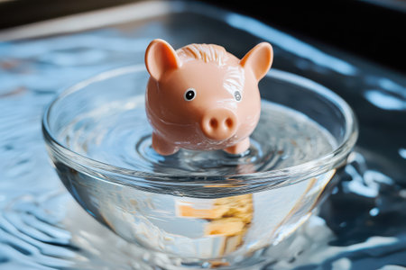 A small pink pig toy floats in a clear bowl of water creating ripples and reflections in the light. The setting is bright and inviting.の素材