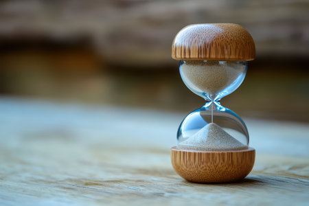 This sand timer features a glass body with wooden accents highlighting the transition of sand within it on a wooden surface.の素材
