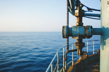 A close up of a rusty valve on a ship deck overlooking the calm ocean waters under a clear sky during sunrise.の素材