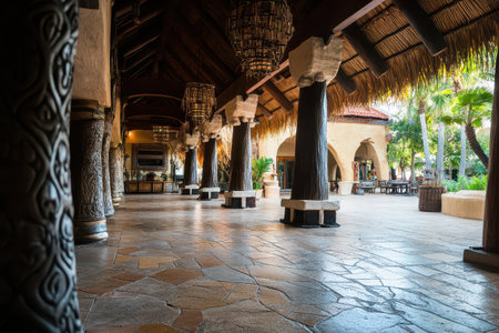 A spacious tropical courtyard featuring tall wooden pillars and stone flooring surrounded by lush greenery and decorative furnishings.の素材