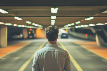 A man with short hair faces a dimly lit parking garage illuminated by overhead lights creating a sense of solitude in the evening.の素材