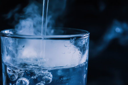 Clear water fills a glass creating bubbles and fine mist in low light. The droplets form and contrast with the surrounding darkness.の素材