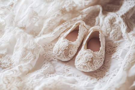Elegant lace baby shoes rest on a soft delicate fabric showcasing intricate details and a serene aesthetic perfect for a new arrival.の素材