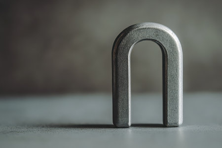 A shiny metallic object with a distinct U shape rests on a smooth gray surface showcasing its reflective qualities and design.の素材