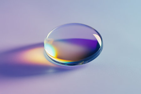 A transparent glass sphere rests on a smooth surface reflecting vibrant colors while the light creates a striking visual effect.の素材