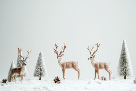 Three deer stand in a snowy landscape surrounded by miniature evergreen trees and pinecones creating a serene winter scene.の素材