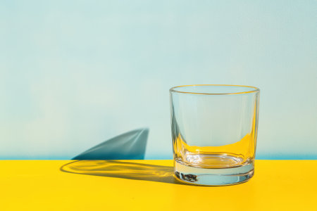 A clear glass sits on a vibrant yellow surface casting a soft shadow against a light blue backdrop in bright daylight.の素材
