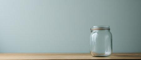 Clear glass jar without contents rests on a light wooden surface set against a soft blue wall creating a minimalistic aesthetic.の素材