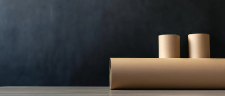 Craft paper rolls lie on a wooden surface against a dark backdrop showcasing a minimalistic arrangement ideal for art or crafting.の素材
