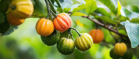 Vibrant tropical fruits dangle from branches showcasing a mix of colors and textures surrounded by rich green foliage in a sunny environment.の素材