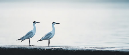 Two seagulls are perched on a dock during early morning looking out over the tranquil water in soft light.の素材