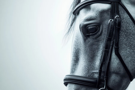 A horse stands calmly against a light backdrop showcasing its elegant features and bridle capturing a serene moment of equine beauty.の素材