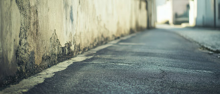 A narrow urban street showcases cracked pavement alongside peeling walls capturing an atmosphere of aging architecture and quiet solitude.の素材