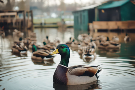 A male mallard duck floats gracefully in the water among a group of fellow ducks surrounded by a peaceful pond setting.の素材