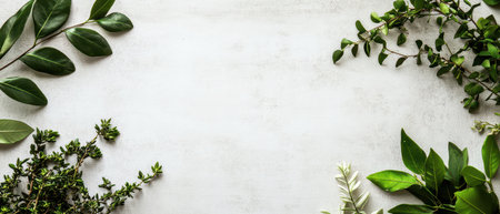 Various green herbs are artfully arranged on a neutral textured background showcasing diverse shapes and colors for culinary use.の素材