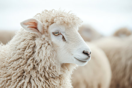 A sheep with a thick curly coat peacefully grazes in a sunlit field surrounded by other sheep. The serene countryside creates a calm atmosphere.の素材
