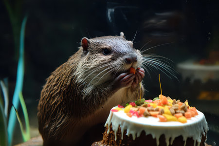 An otter is feasting on a vibrant cake made of fruits and treats showcasing its playful nature while surrounded by aquarium surroundings.の素材