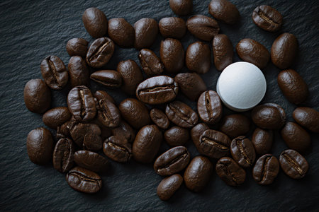 Dark coffee beans are scattered with a white pill positioned among them creating a striking contrast on the surface.の素材