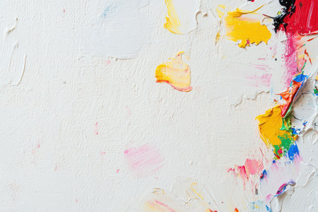 Vivid paint splatters and strokes create a vibrant texture on an abstract white canvas background showcasing a blend of colors and styles.の素材