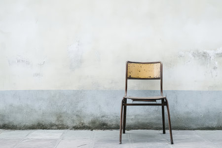 A solitary rusty metal chair with a wooden seat stands against a bare faded wall in a calm and deserted area evoking a sense of solitude.の素材