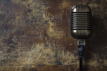 A retro microphone stands on a wooden surface evoking a sense of nostalgia and readiness for a live performance or recording session.の素材