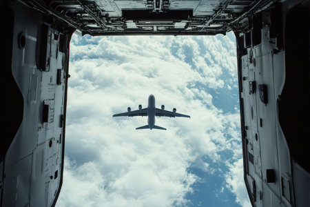 An airplane is seen soaring above fluffy white clouds from the open cargo hold of another aircraft showcasing a bright blue sky.の素材