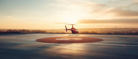 A red helicopter sits on a helipad as the sun sets behind the skyline creating a warm glow over the peaceful urban landscape.の素材