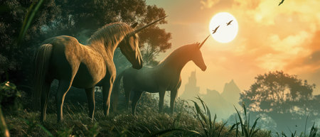 Two unicorns stand gracefully in a lush green field as the sun sets casting a warm glow over the tranquil surroundings and distant mountains.の素材