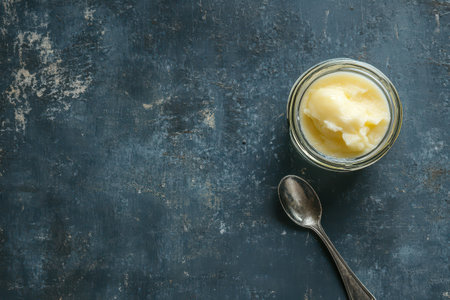 A small jar filled with creamy butter placed on a textured dark surface accompanied by a silver spoon nearby emphasizing a simple culinary setup.の素材