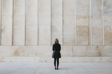 A woman in a black coat stands facing a large textured wall creating a sense of solitude in an urban environment.の素材
