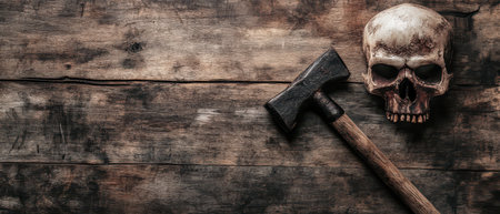 A weathered wooden surface displays a skull and an axe suggesting a theme of danger or mystery in a dimly lit environment.の素材