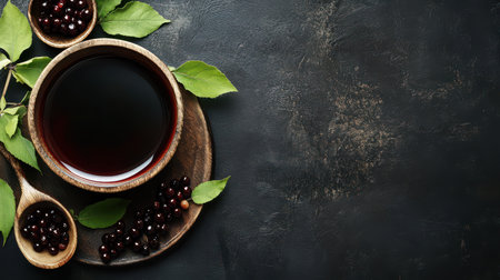 Dark elderberry syrup is presented in a wooden bowl alongside fresh berries and leaves on a rustic surface showcasing vibrant colors and textures.の素材