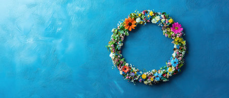 A colorful flower wreath is displayed against a bright blue wall creating a vibrant decoration perfect for any occasion.の素材
