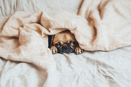 A small dog peeks out from beneath a cozy blanket showcasing its curious eyes and adorable expression in a home setting.の素材