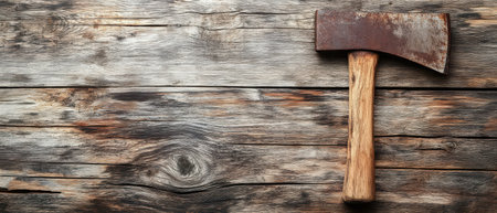 A weathered axe with a rusty blade lies on a rustic wooden table showcasing its worn handle and the texture of the wood.の素材