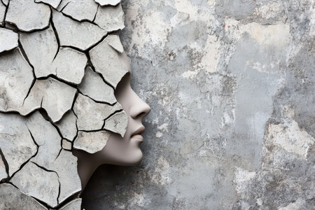 A human face appears to emerge from a cracked and peeling wall showcasing a blend of abstract art and realism in a unique display.の素材