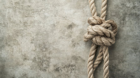 A strong knot formed from thick natural rope is positioned against a weathered gray surface emphasizing texture and craftsmanship.の素材