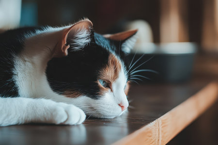 A calico cat lies on a wooden table gazing thoughtfully as soft light illuminates its fur. The setting is tranquil and cozy.の素材