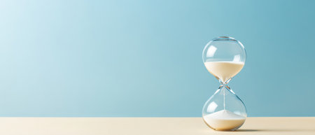 An hourglass stands on a table with sand slowly cascading from the top to the bottom chamber...