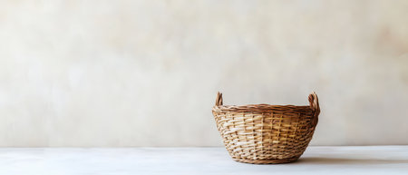 A simple wicker basket sits empty on a light wooden table against a neutral background creating a minimalist aesthetic perfect for decor.の写真素材