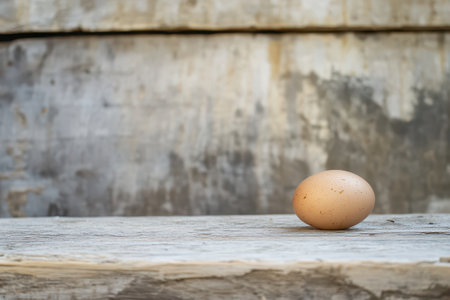 A brown egg rests on a weathered wooden surface showcasing its natural texture against a blurred...