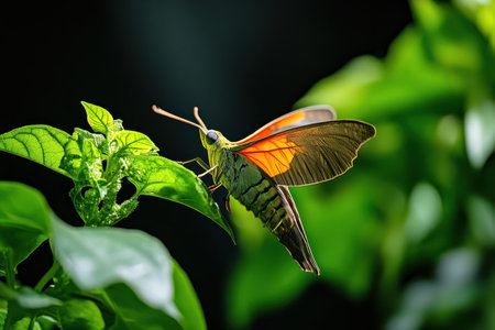 A vibrant butterfly with orange and green wings rests on lush green leaves showcasing its beauty in...